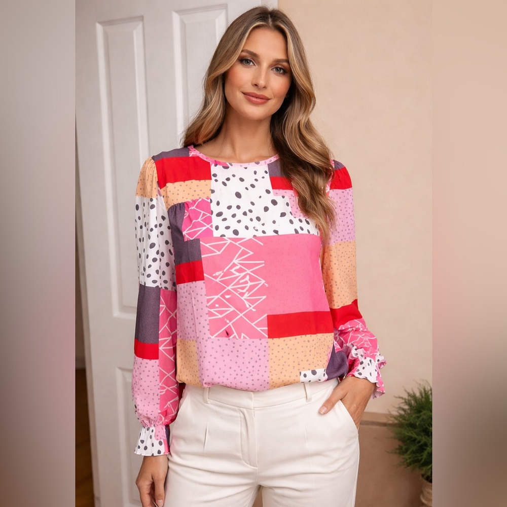 Bright Patchwork Blouse Statement Top - image 1
